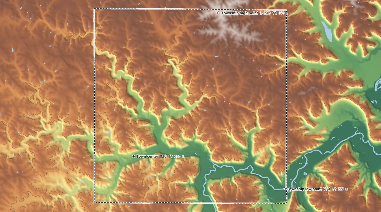 Topographic elevation map of West Albany Township, Minnesota, shaded from 730 ft on the east side to 1,210 ft on the northeast side