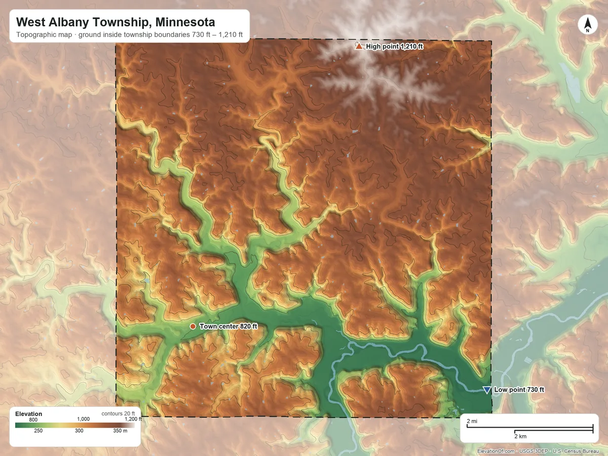 Topographic elevation map of West Albany Township, Minnesota, shaded from 730 ft on the east side to 1,210 ft on the northeast side