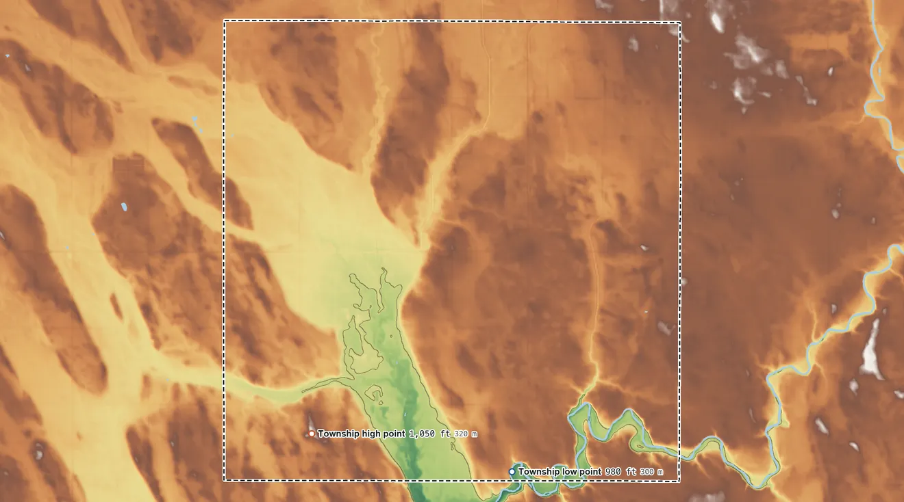 Topographic elevation map of West Bank Township, Minnesota, shaded from 980 ft on the southeast side to 1,050 ft on the southwest side