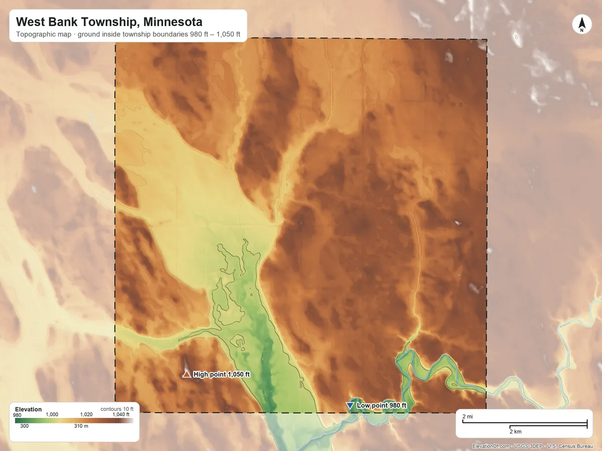 Topographic elevation map of West Bank Township, Minnesota, shaded from 980 ft on the southeast side to 1,050 ft on the southwest side