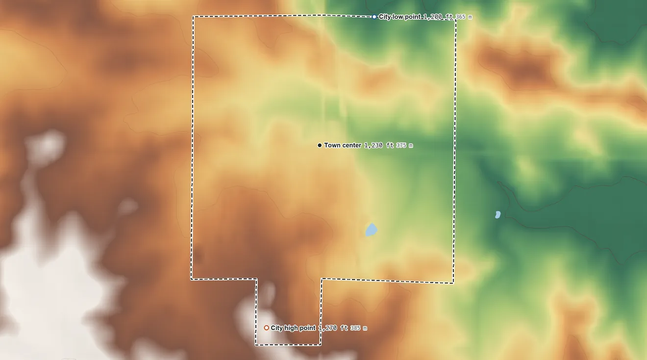 Topographic elevation map of West Concord, Minnesota, shaded from 1,200 ft on the northeast side to 1,270 ft on the south side