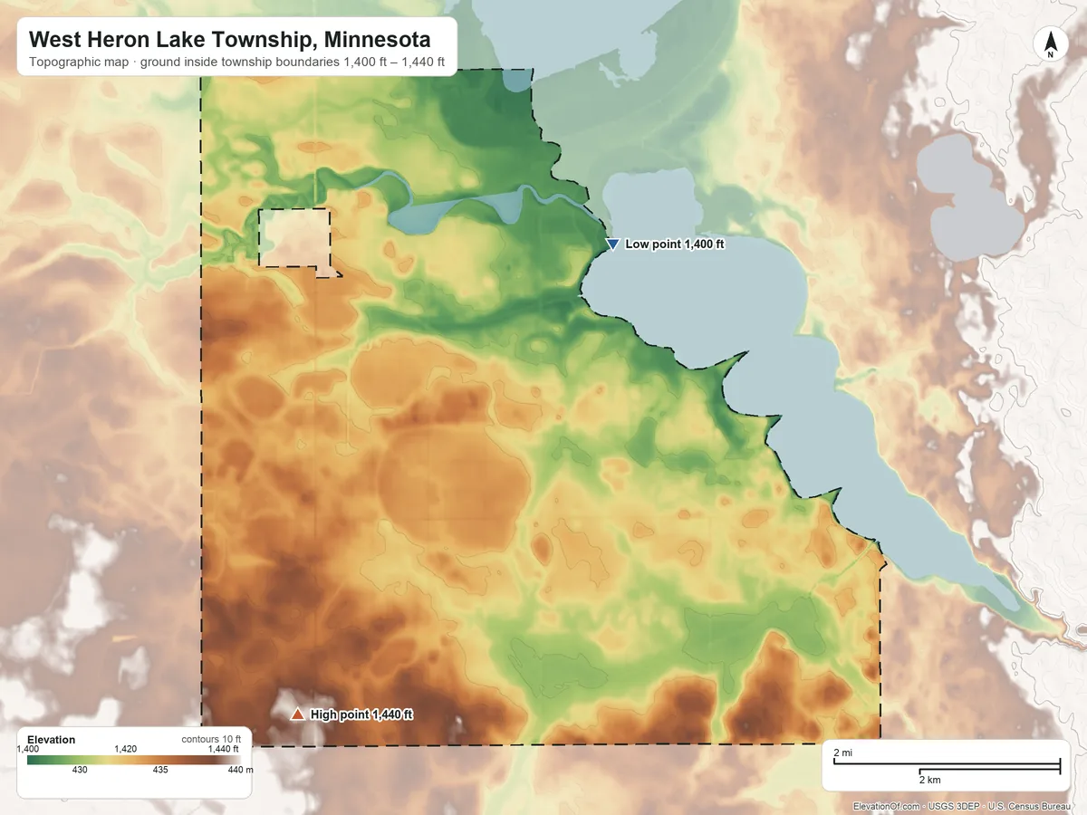 Topographic elevation map of West Heron Lake Township, Minnesota, shaded from 1,400 ft on the northeast side to 1,440 ft on the south side