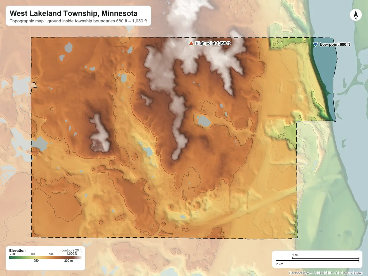 Topographic elevation map of West Lakeland Township, Minnesota, shaded from 680 ft on the east side to 1,050 ft on the northeast side