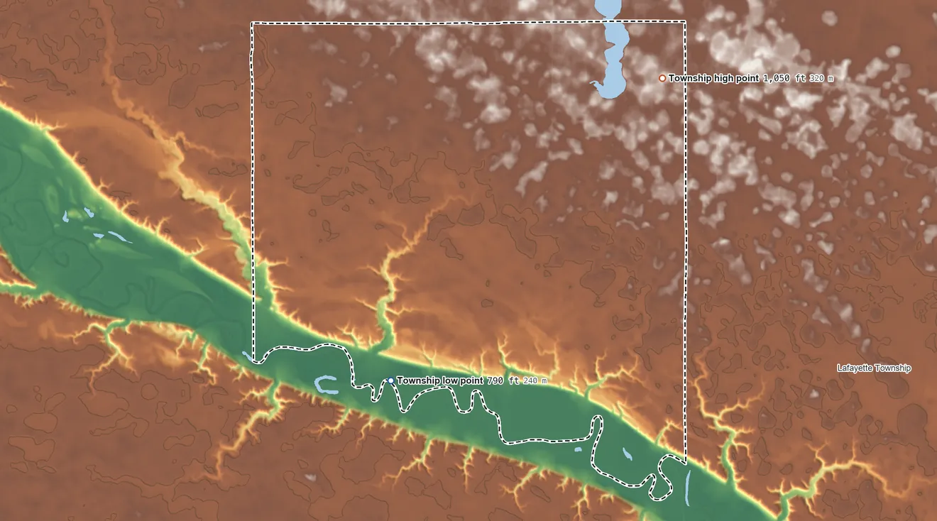 Topographic elevation map of West Newton Township, Minnesota, shaded from 790 ft on the southwest side to 1,050 ft on the northeast side