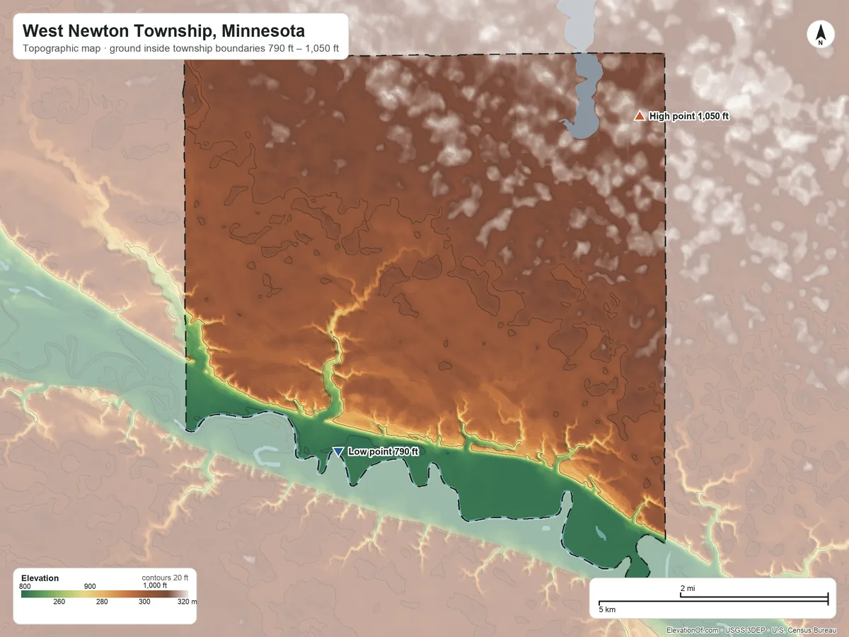 Topographic elevation map of West Newton Township, Minnesota, shaded from 790 ft on the southwest side to 1,050 ft on the northeast side