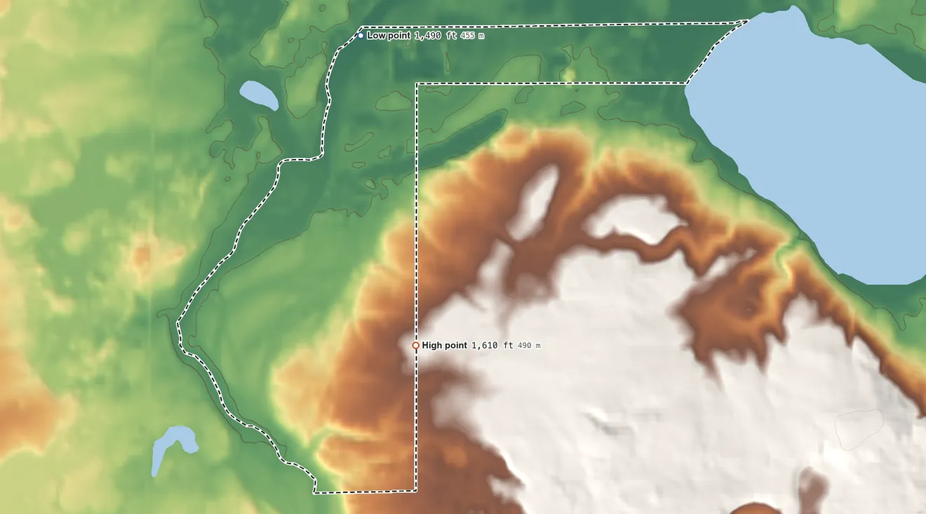 Topographic elevation map of West Roy Lake, Minnesota, shaded from 1,490 ft on the north side to 1,610 ft on the southeast side