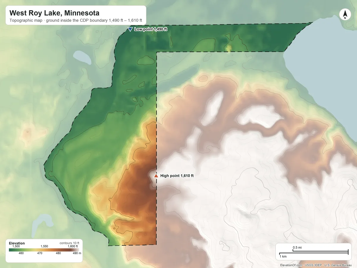 Topographic elevation map of West Roy Lake, Minnesota, shaded from 1,490 ft on the north side to 1,610 ft on the southeast side