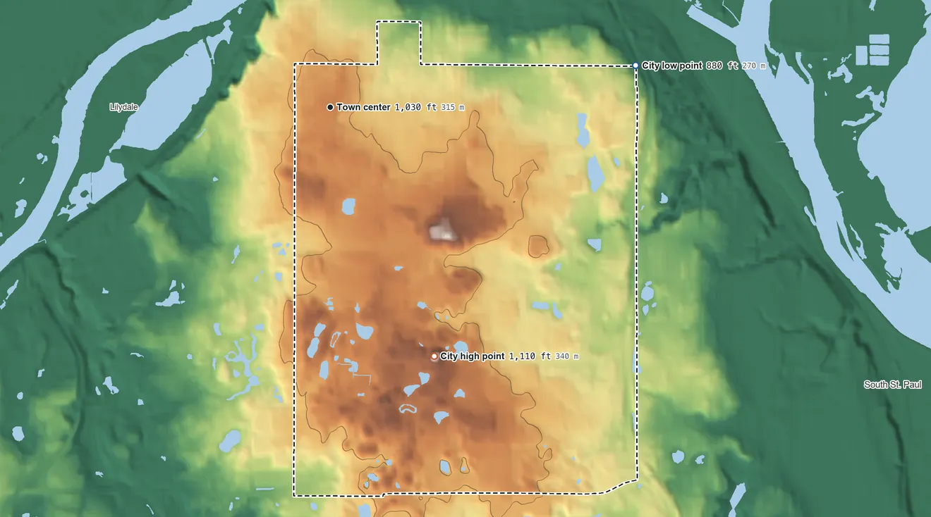 Topographic elevation map of West St. Paul, Minnesota, shaded from 880 ft on the east side to 1,110 ft on the southeast side