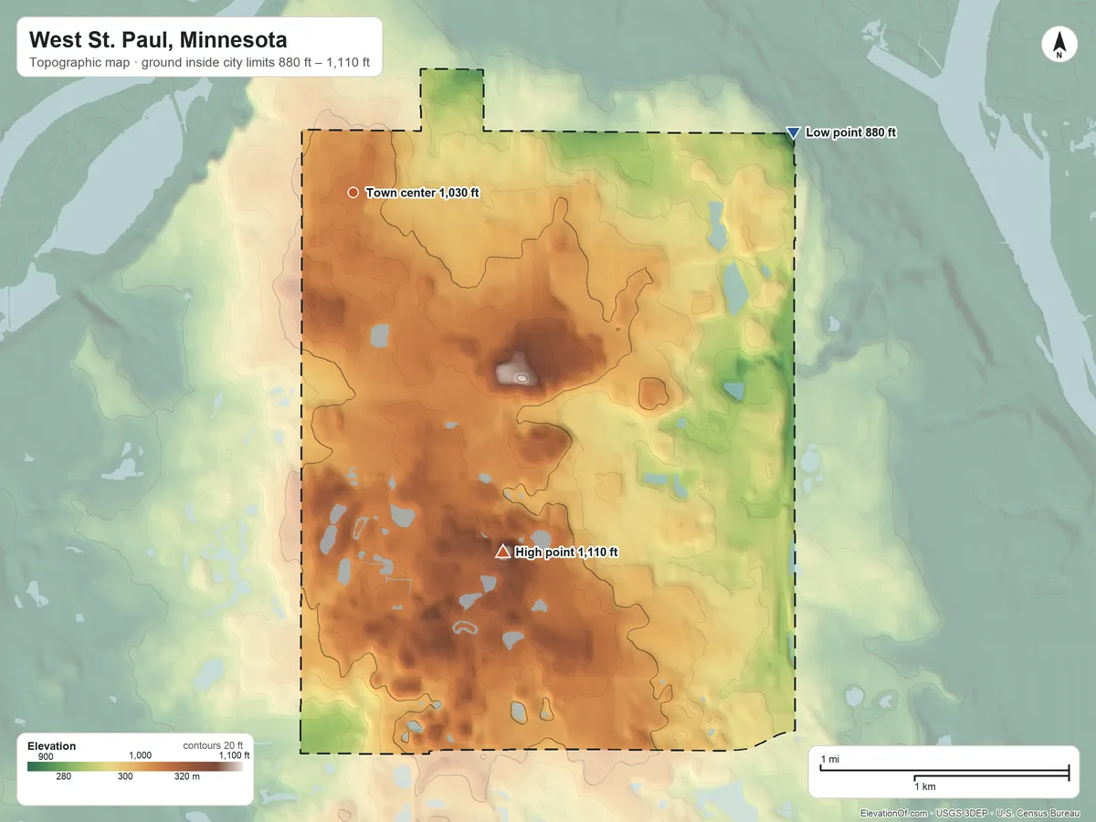 Topographic elevation map of West St. Paul, Minnesota, shaded from 880 ft on the east side to 1,110 ft on the southeast side