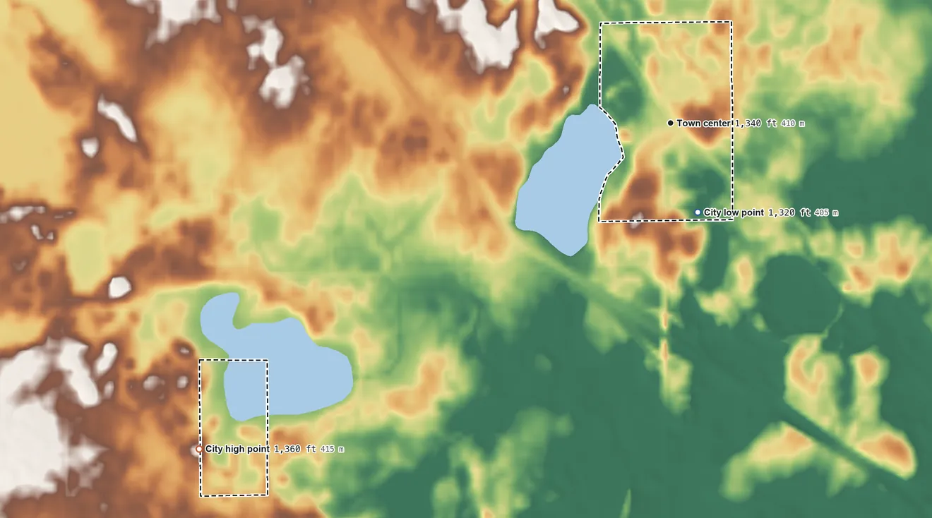 Topographic elevation map of West Union, Minnesota, shaded from 1,320 ft on the south side to 1,360 ft on the southwest side