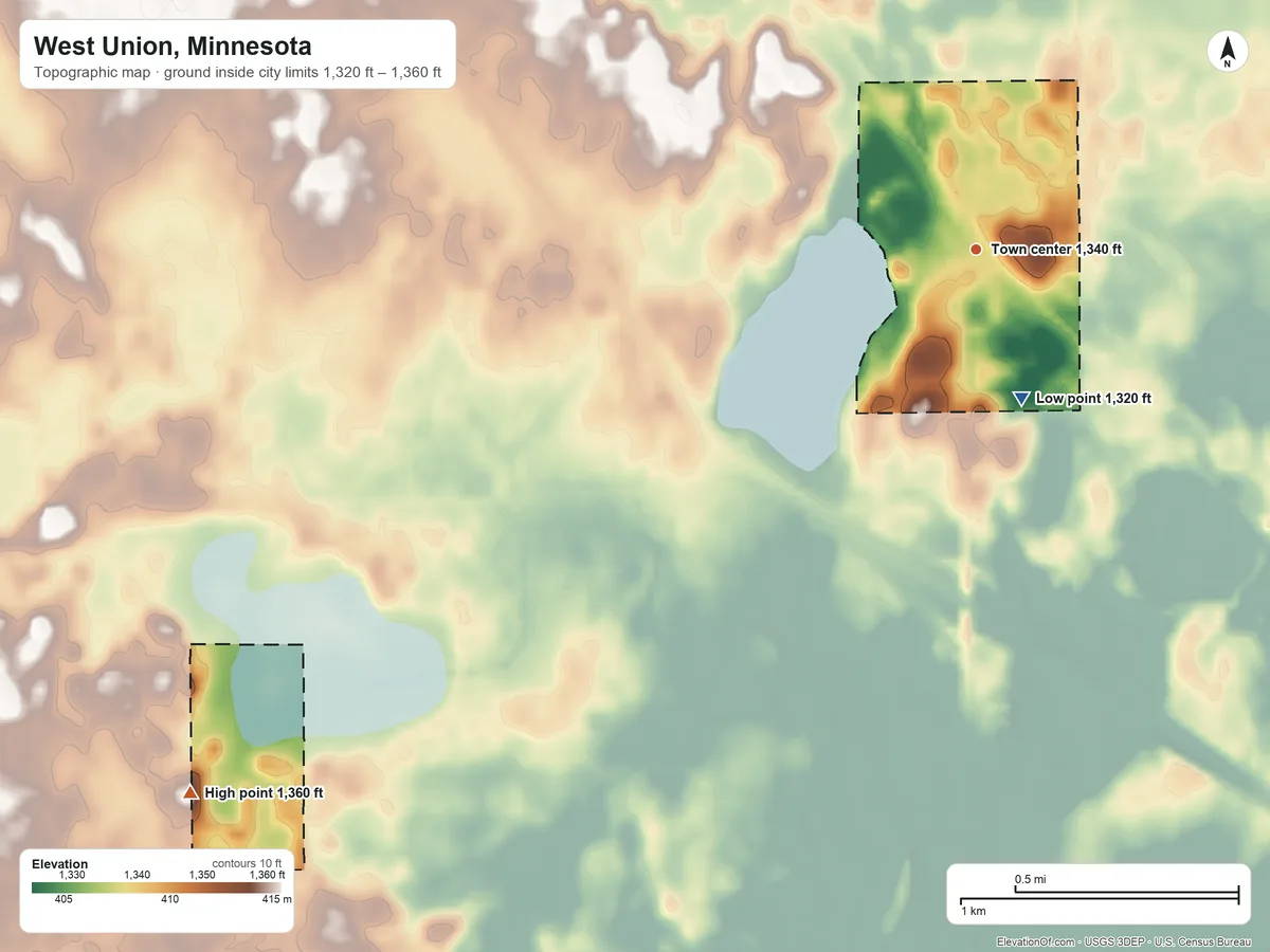 Topographic elevation map of West Union, Minnesota, shaded from 1,320 ft on the south side to 1,360 ft on the southwest side