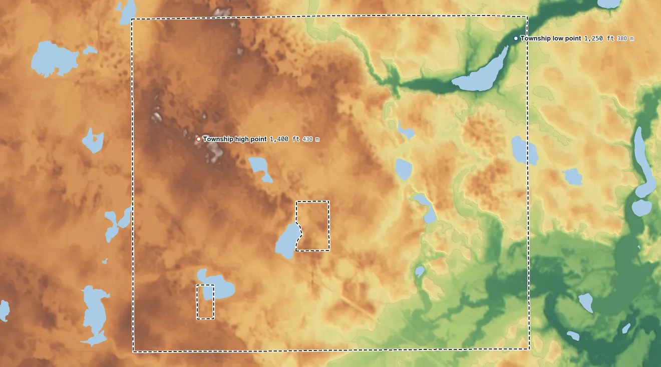 Topographic elevation map of West Union Township, Minnesota, shaded from 1,250 ft on the northeast side to 1,400 ft on the west side