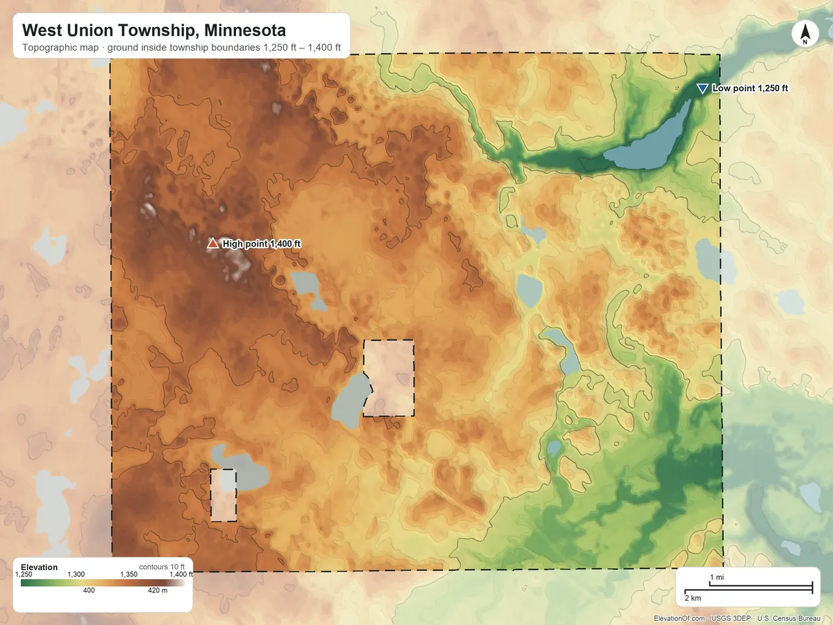 Topographic elevation map of West Union Township, Minnesota, shaded from 1,250 ft on the northeast side to 1,400 ft on the west side