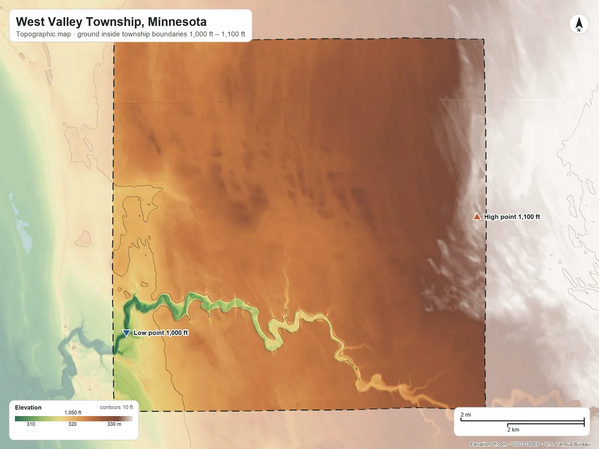 Topographic elevation map of West Valley Township, Minnesota, shaded from 1,000 ft on the southwest side to 1,100 ft on the east side