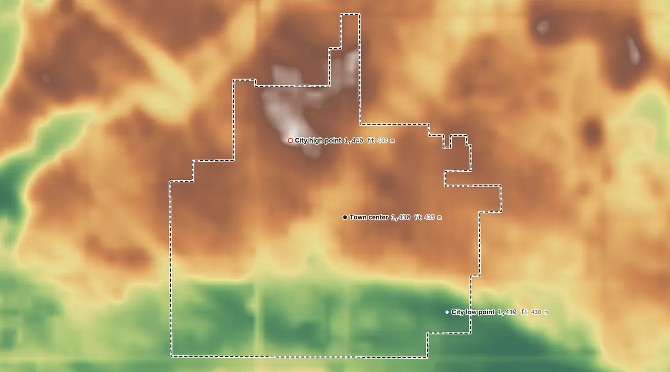Topographic elevation map of Westbrook, Minnesota, shaded from 1,410 ft on the southeast side to 1,440 ft on the northwest side