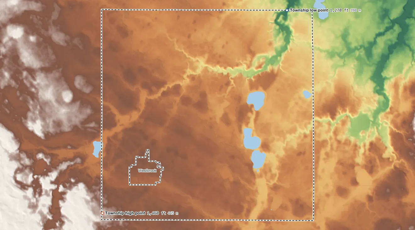 Topographic elevation map of Westbrook Township, Minnesota, shaded from 1,270 ft on the northeast side to 1,460 ft on the southwest side