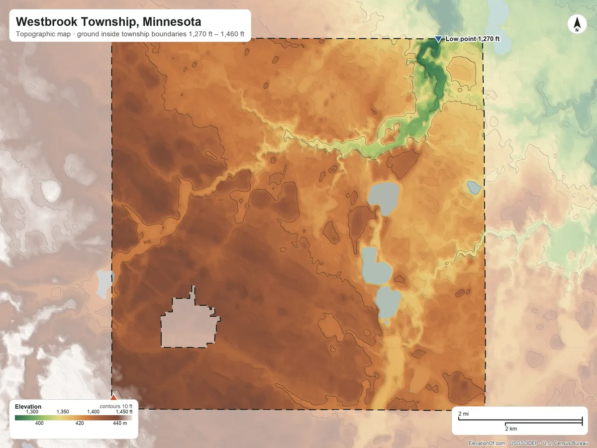 Topographic elevation map of Westbrook Township, Minnesota, shaded from 1,270 ft on the northeast side to 1,460 ft on the southwest side