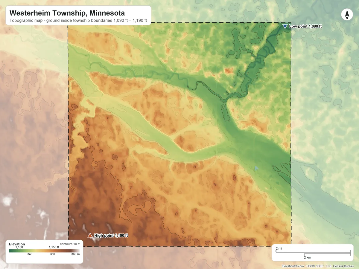 Topographic elevation map of Westerheim Township, Minnesota, shaded from 1,090 ft on the northeast side to 1,190 ft on the southwest side
