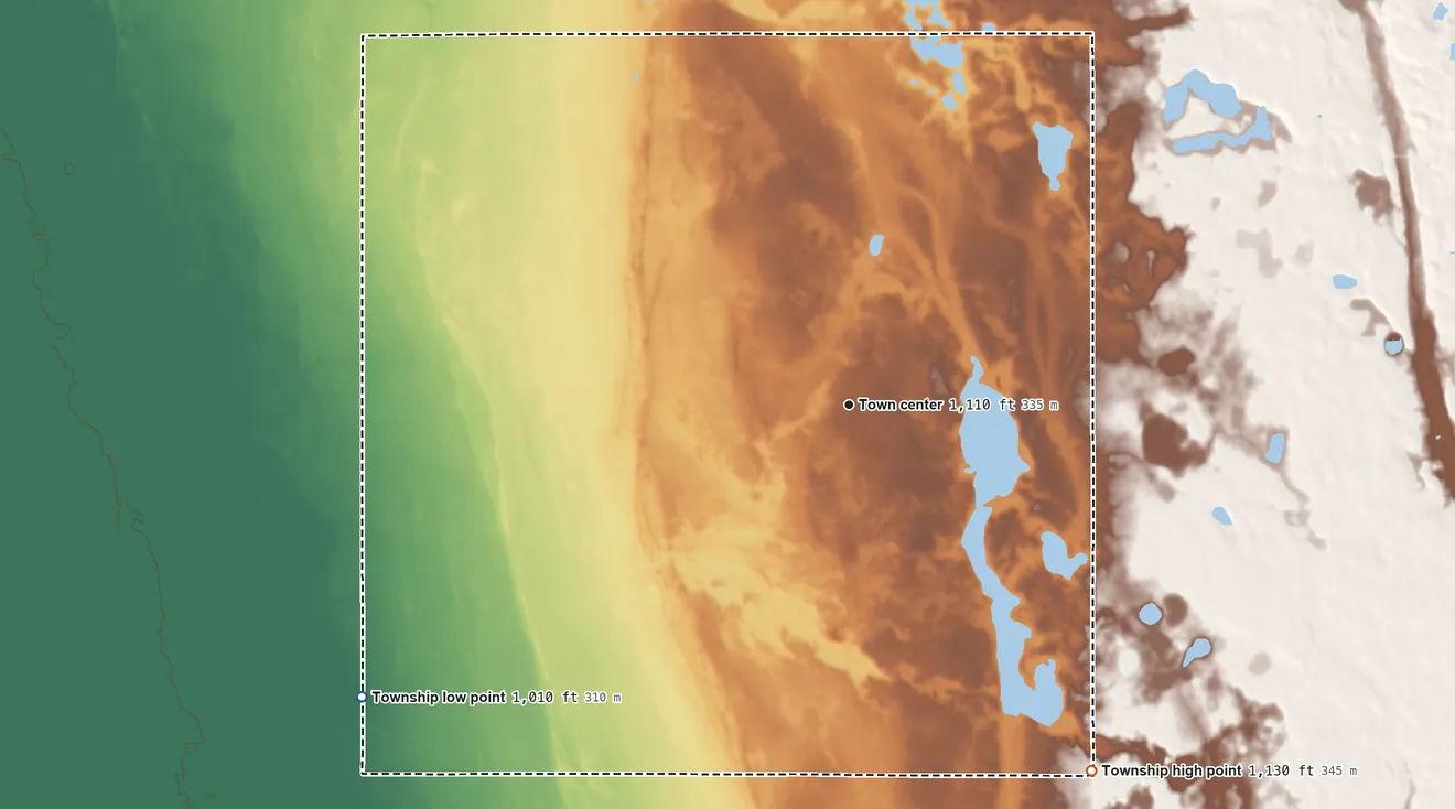 Topographic elevation map of Western Township, Minnesota, shaded from 1,010 ft on the southwest side to 1,130 ft on the southeast side