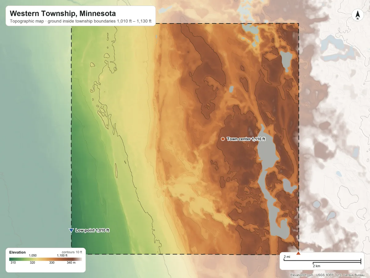 Topographic elevation map of Western Township, Minnesota, shaded from 1,010 ft on the southwest side to 1,130 ft on the southeast side