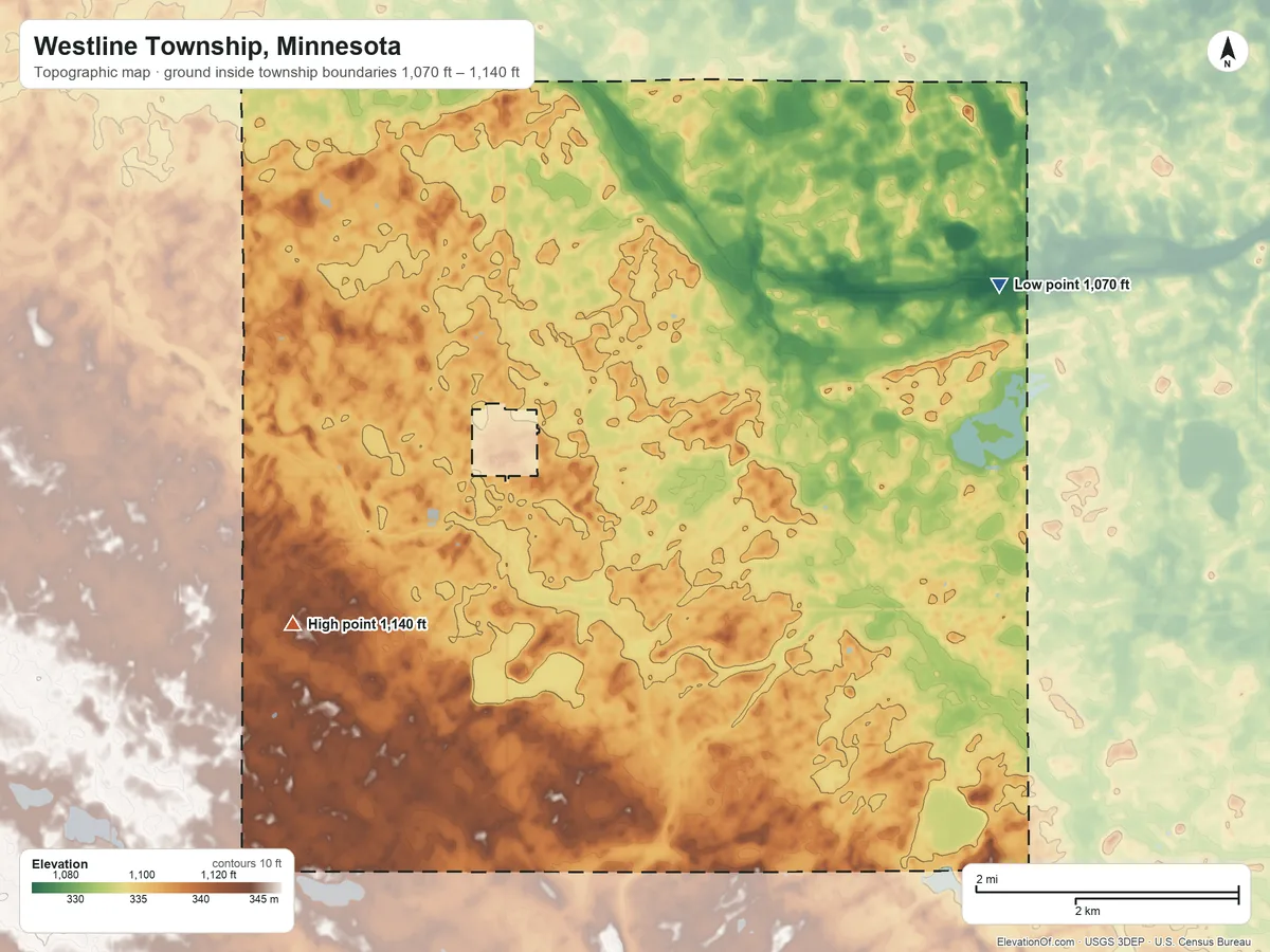 Topographic elevation map of Westline Township, Minnesota, shaded from 1,070 ft on the east side to 1,140 ft on the southwest side