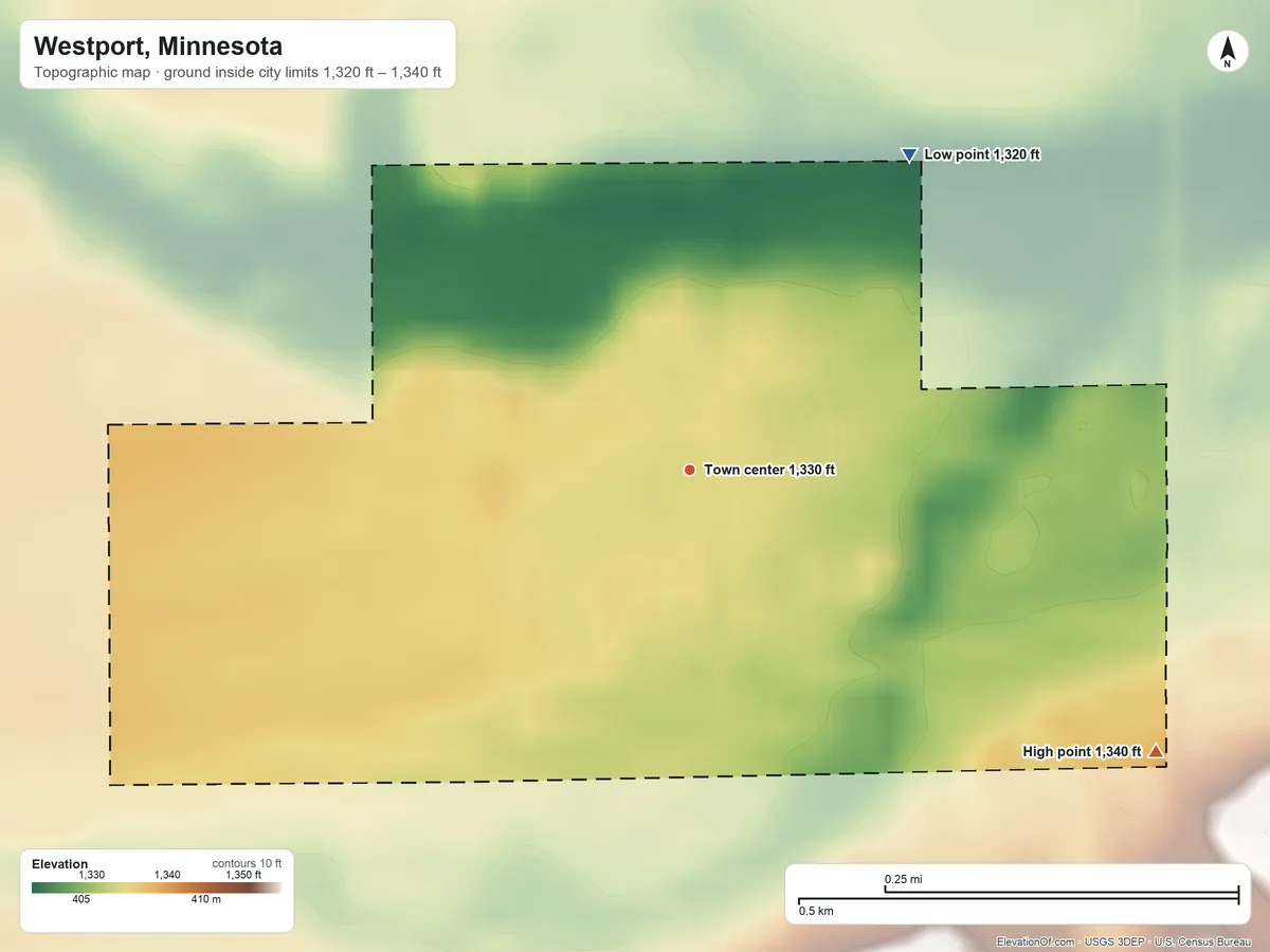 Topographic elevation map of Westport, Minnesota, shaded from 1,320 ft on the northeast side to 1,340 ft on the southeast side