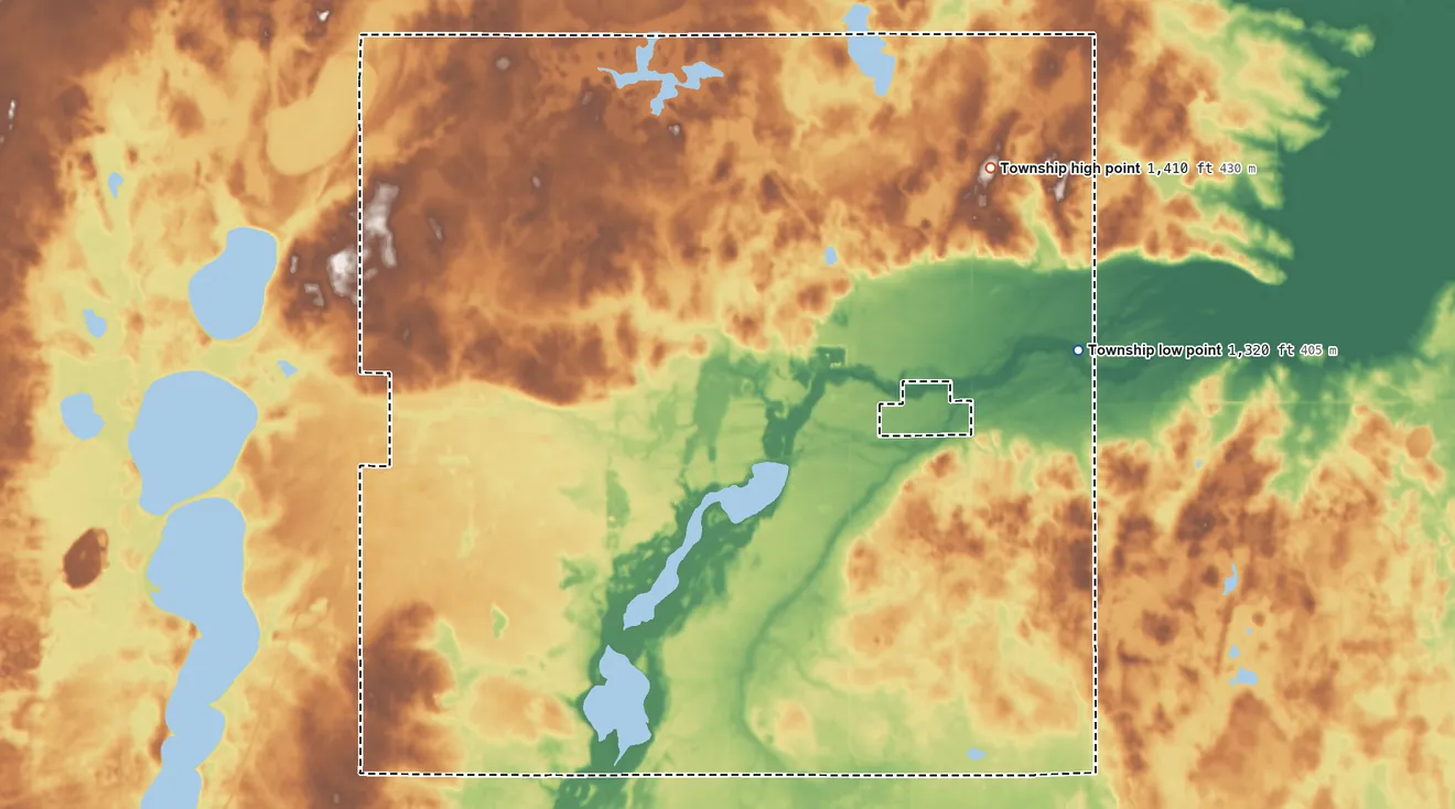 Topographic elevation map of Westport Township, Minnesota, shaded from 1,320 ft on the east side to 1,410 ft on the northeast side