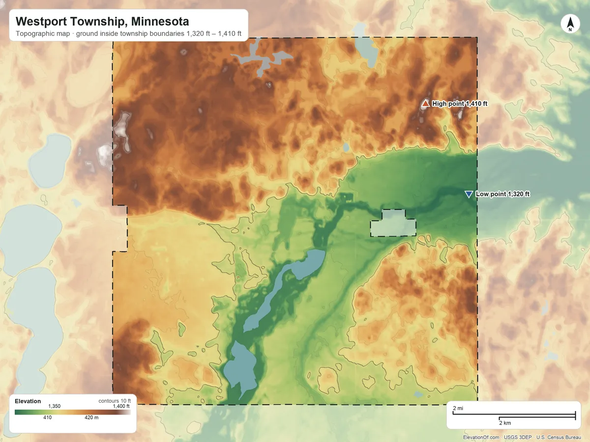 Topographic elevation map of Westport Township, Minnesota, shaded from 1,320 ft on the east side to 1,410 ft on the northeast side