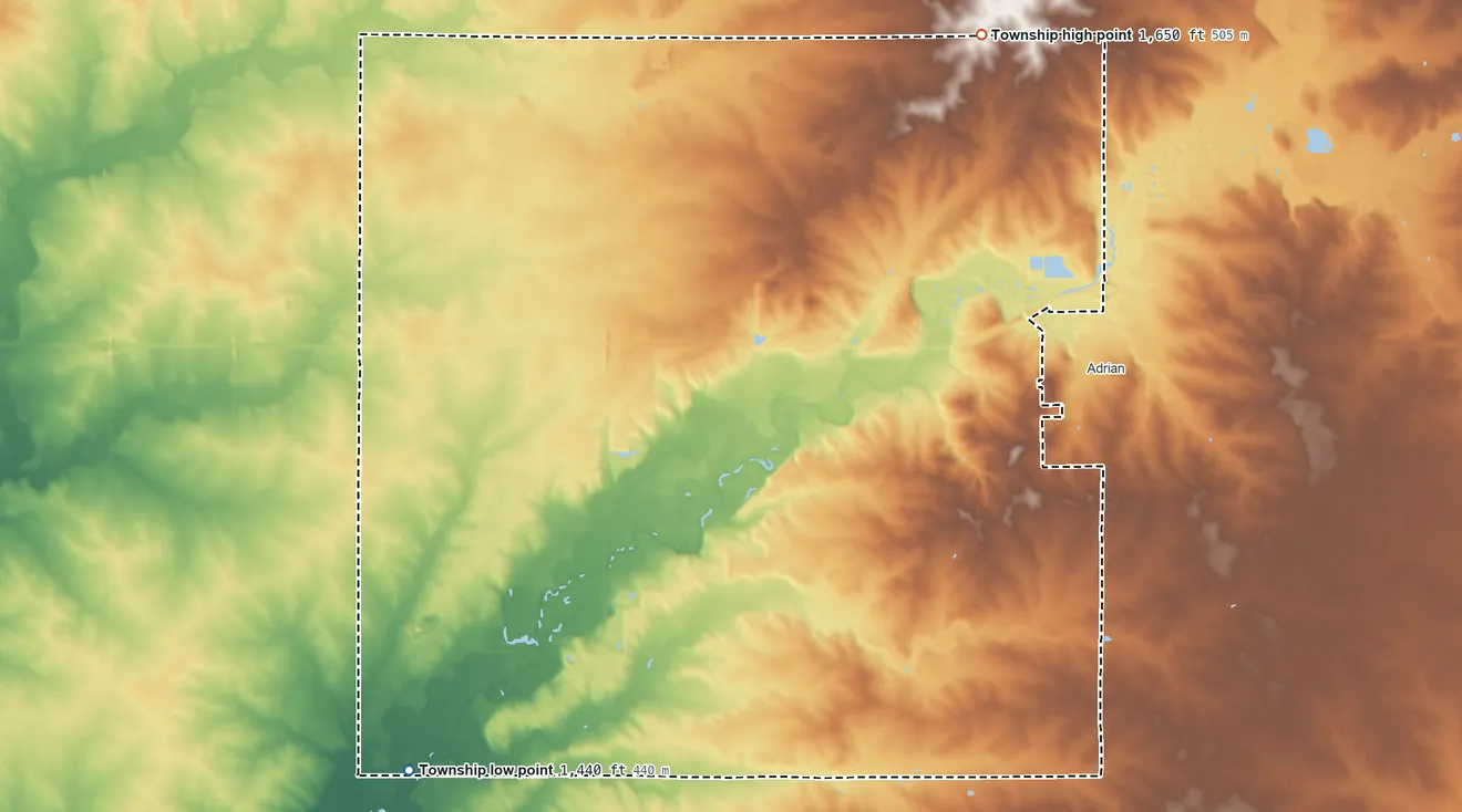 Topographic elevation map of Westside Township, Minnesota, shaded from 1,440 ft on the southwest side to 1,650 ft on the northeast side