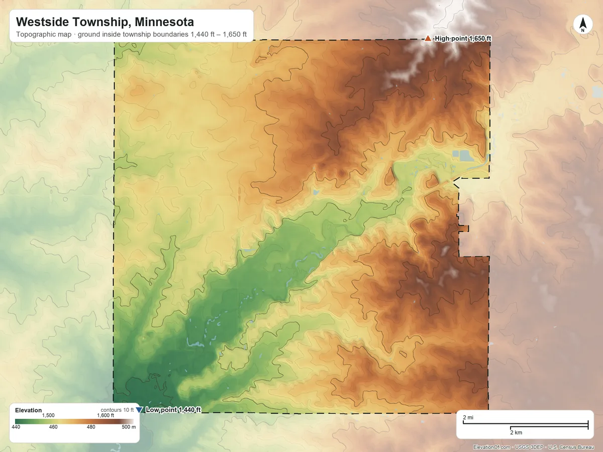 Topographic elevation map of Westside Township, Minnesota, shaded from 1,440 ft on the southwest side to 1,650 ft on the northeast side