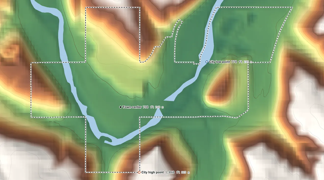 Topographic elevation map of Whalan, Minnesota, shaded from 770 ft on the northeast side to 1,040 ft on the south side