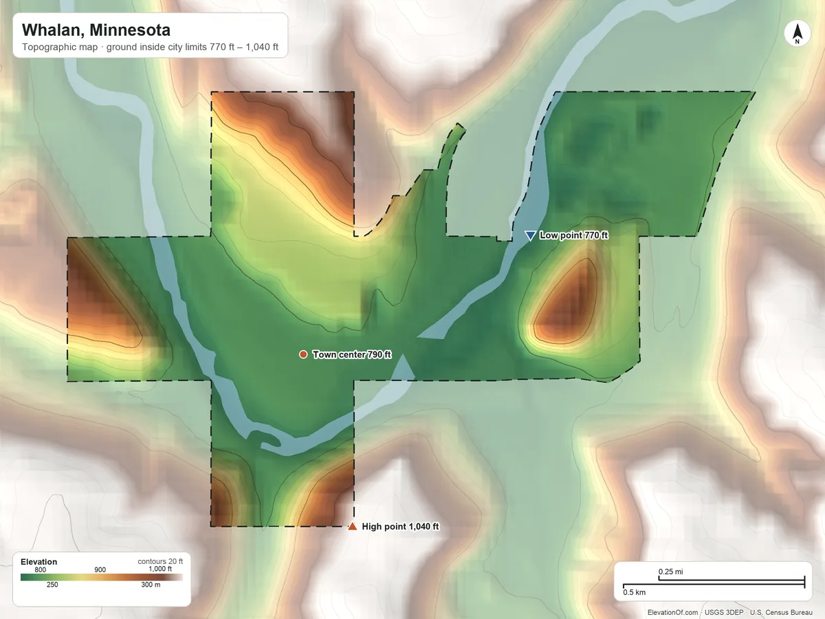 Topographic elevation map of Whalan, Minnesota, shaded from 770 ft on the northeast side to 1,040 ft on the south side
