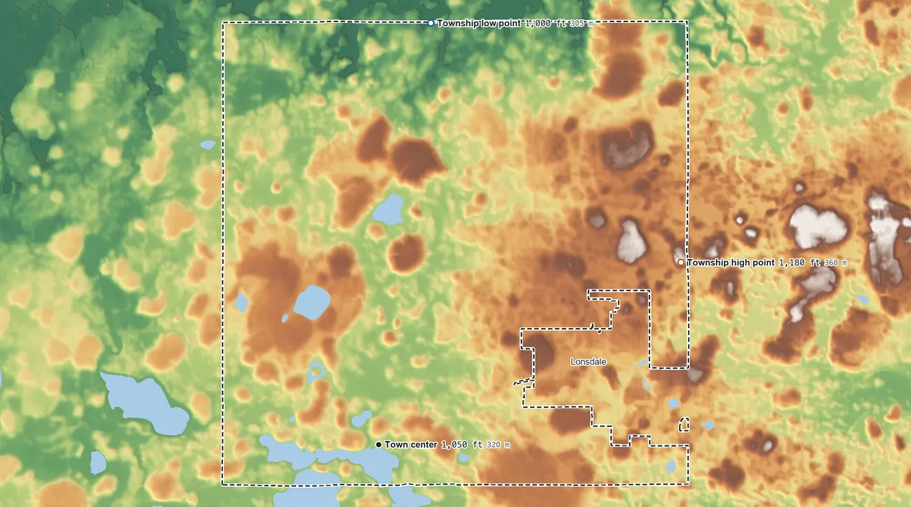 Topographic elevation map of Wheatland Township, Minnesota, shaded from 1,000 ft on the north side to 1,180 ft on the northeast side
