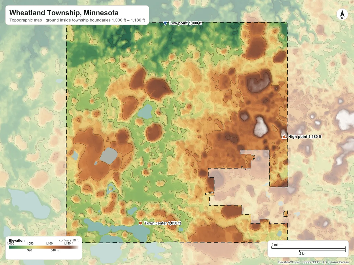 Topographic elevation map of Wheatland Township, Minnesota, shaded from 1,000 ft on the north side to 1,180 ft on the northeast side