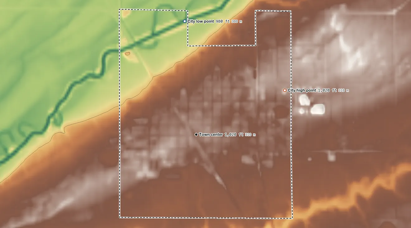 Topographic elevation map of Wheaton, Minnesota, shaded from 980 ft on the north side to 1,020 ft on the northeast side