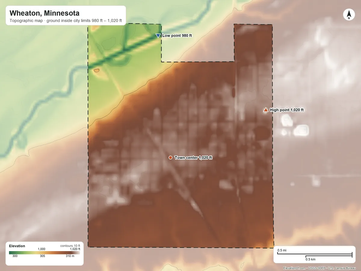 Topographic elevation map of Wheaton, Minnesota, shaded from 980 ft on the north side to 1,020 ft on the northeast side