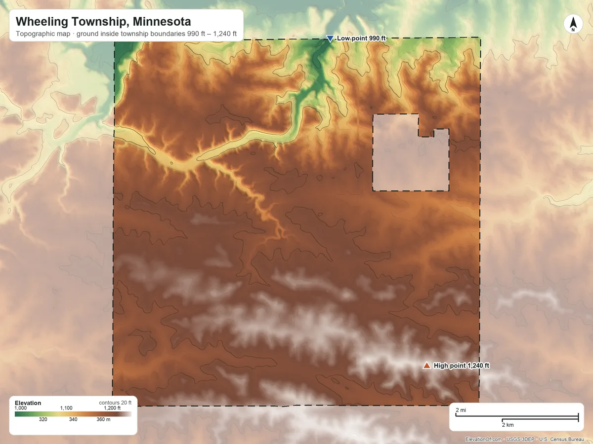 Topographic elevation map of Wheeling Township, Minnesota, shaded from 990 ft on the northeast side to 1,240 ft on the southeast side