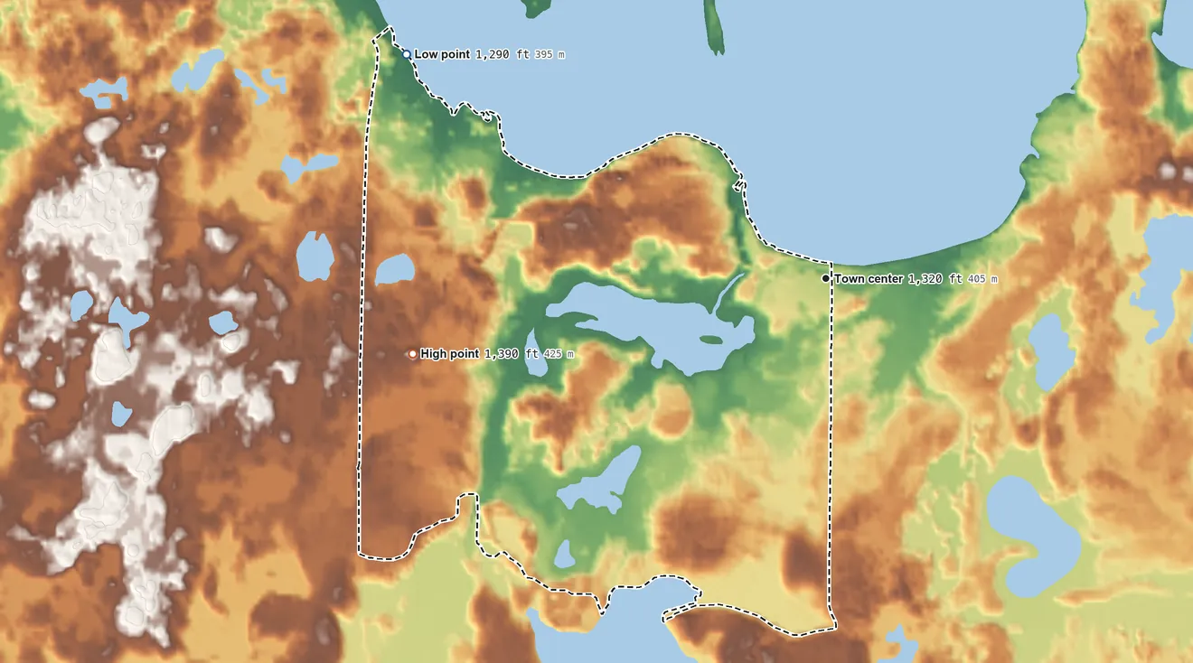 Topographic elevation map of Whipholt, Minnesota, shaded from 1,290 ft on the northwest side to 1,390 ft on the west side