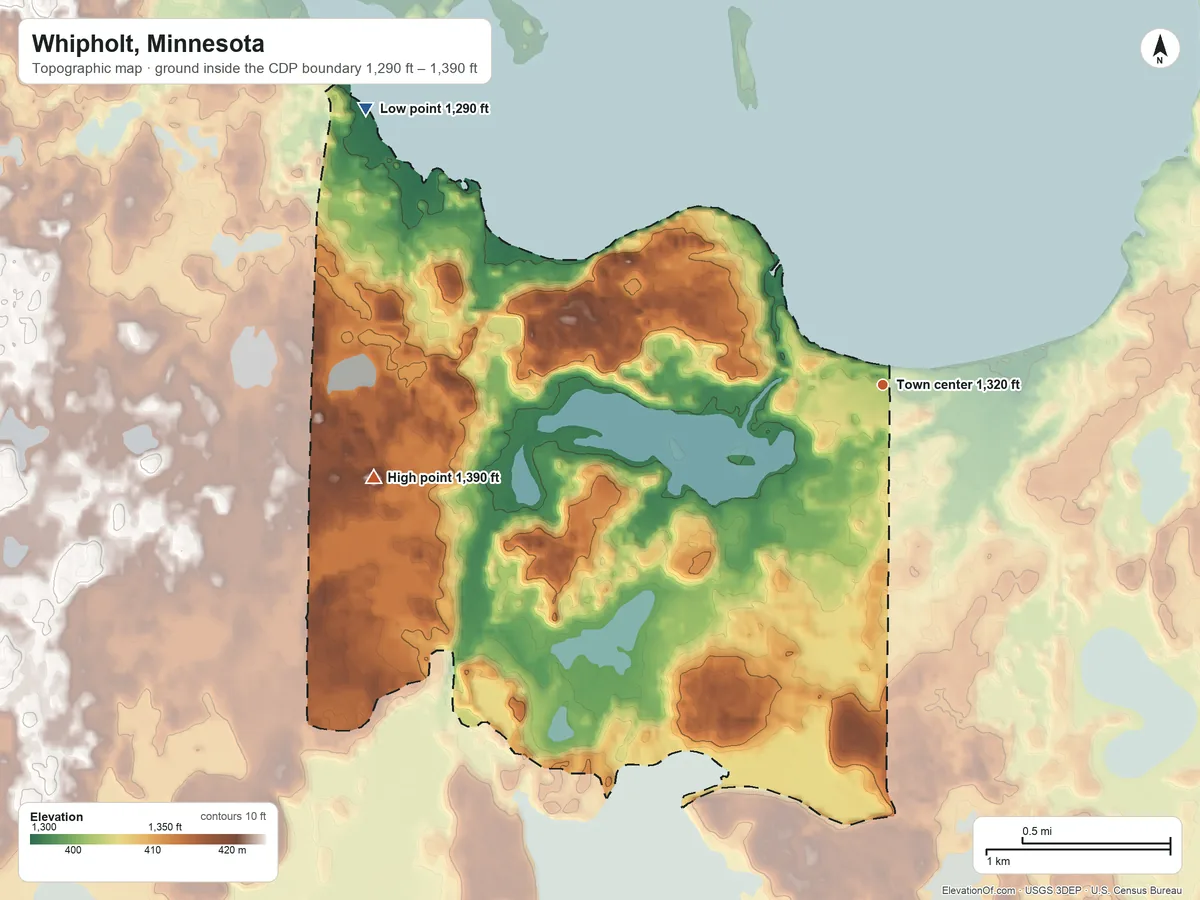 Topographic elevation map of Whipholt, Minnesota, shaded from 1,290 ft on the northwest side to 1,390 ft on the west side
