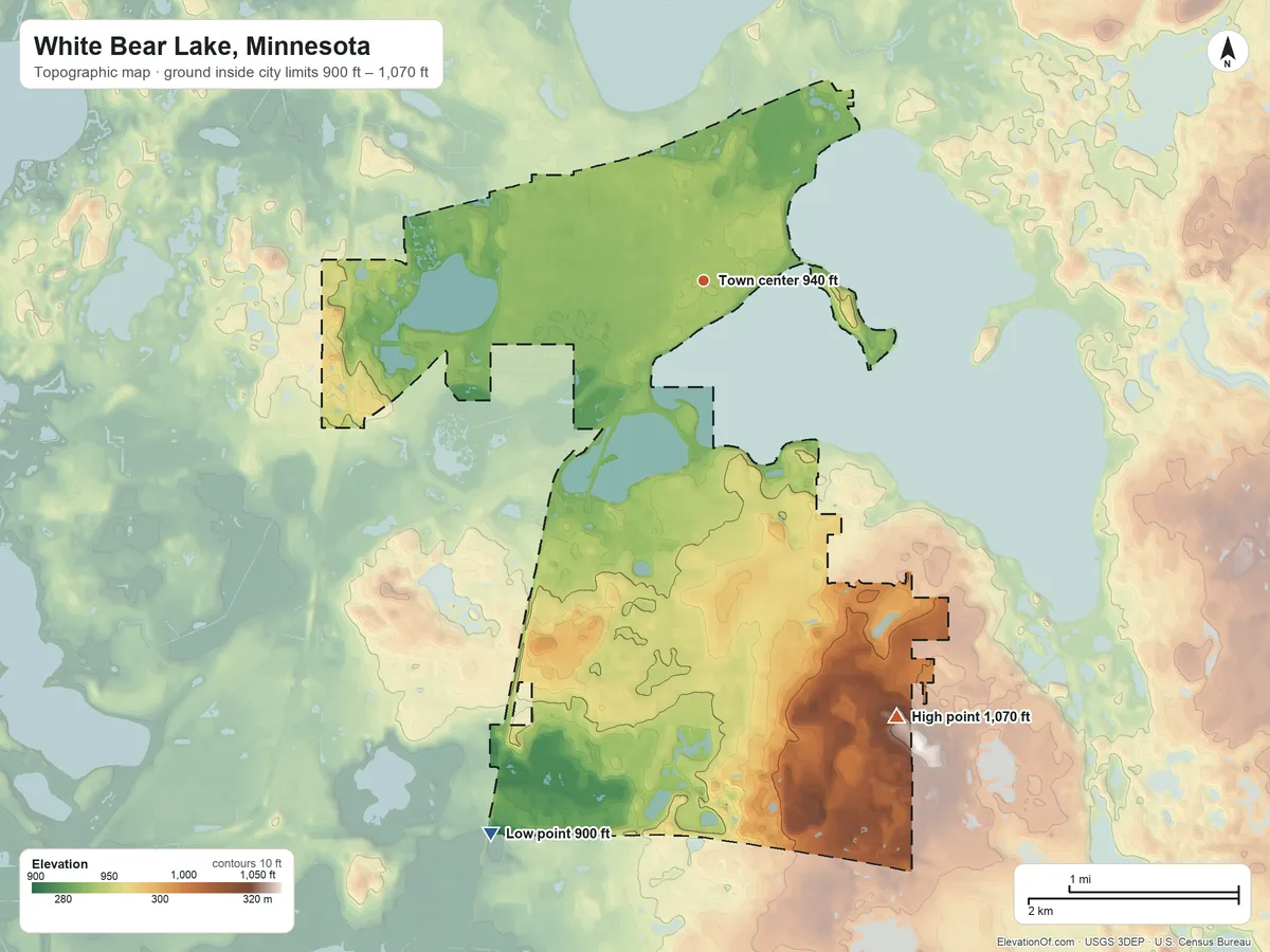 Topographic elevation map of White Bear Lake, Minnesota, shaded from 900 ft on the south side to 1,070 ft on the southeast side