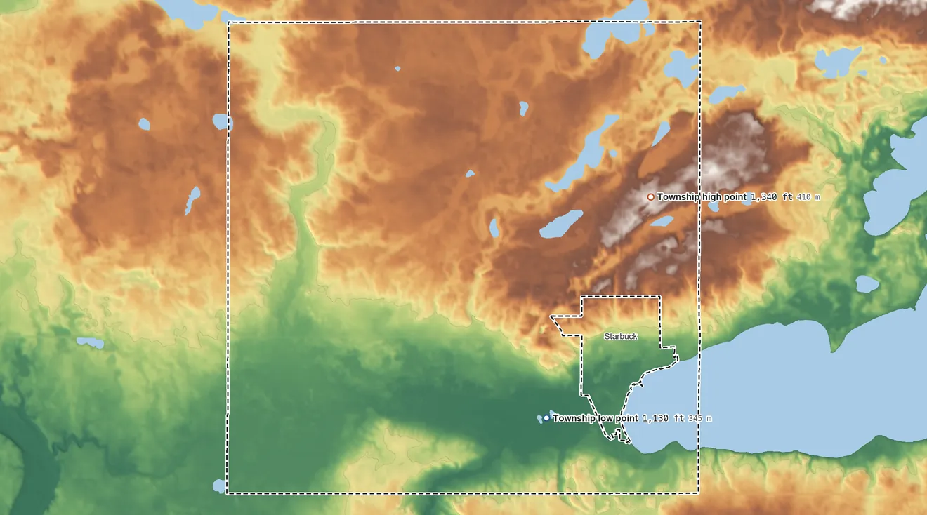 Topographic elevation map of White Bear Lake Township, Minnesota, shaded from 1,130 ft on the south side to 1,340 ft on the northeast side