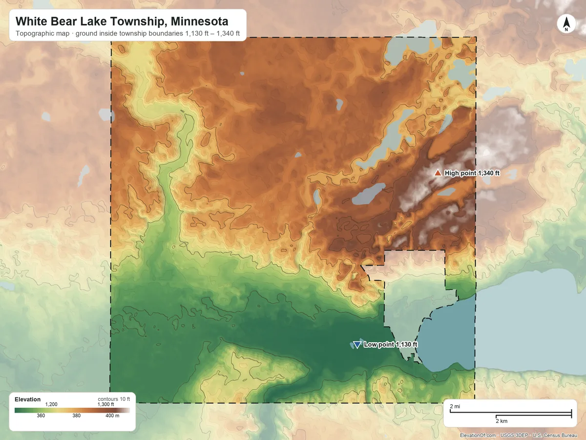 Topographic elevation map of White Bear Lake Township, Minnesota, shaded from 1,130 ft on the south side to 1,340 ft on the northeast side