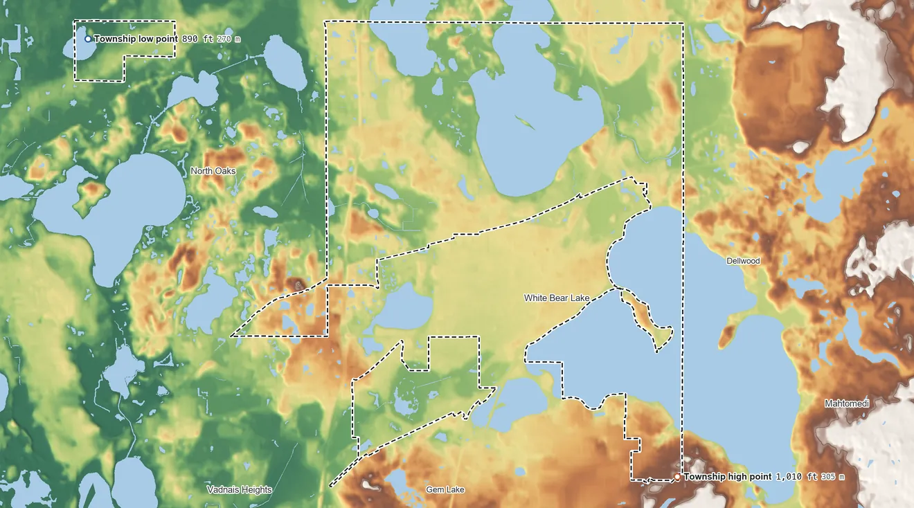 Topographic elevation map of White Bear Township, Minnesota, shaded from 890 ft on the northwest side to 1,010 ft on the southeast side
