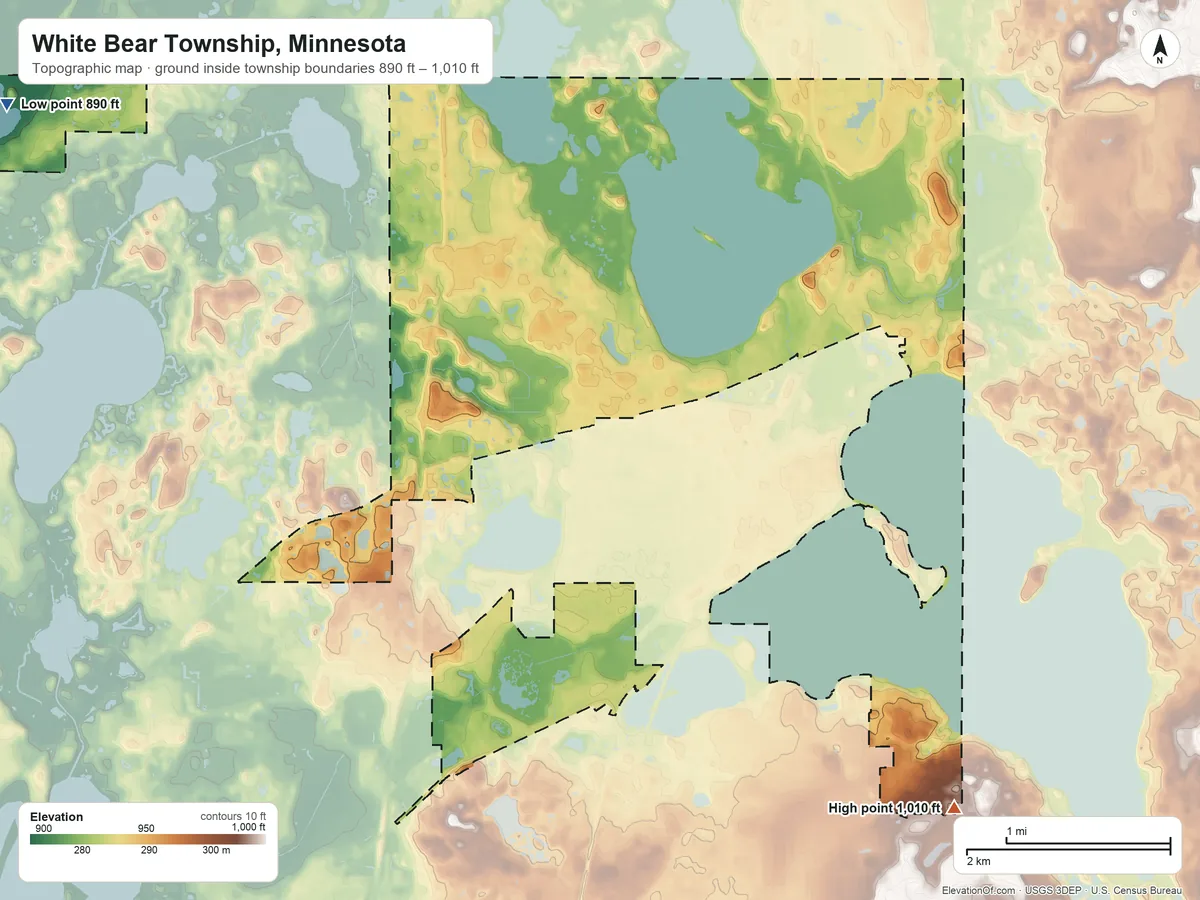 Topographic elevation map of White Bear Township, Minnesota, shaded from 890 ft on the northwest side to 1,010 ft on the southeast side