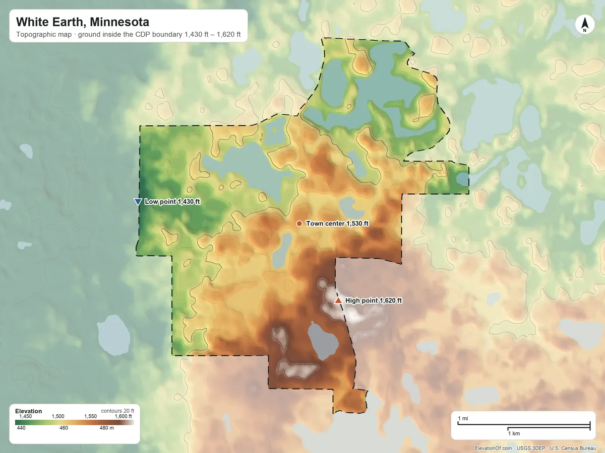 Topographic elevation map of White Earth, Minnesota, shaded from 1,430 ft on the west side to 1,620 ft on the southeast side