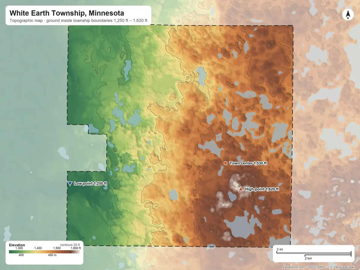 Topographic elevation map of White Earth Township, Minnesota, shaded from 1,250 ft on the west side to 1,620 ft near the middle