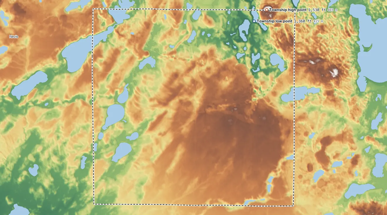 Topographic elevation map of White Oak Township, Minnesota, shaded from 1,360 ft on the northeast side to 1,530 ft on the northeast side