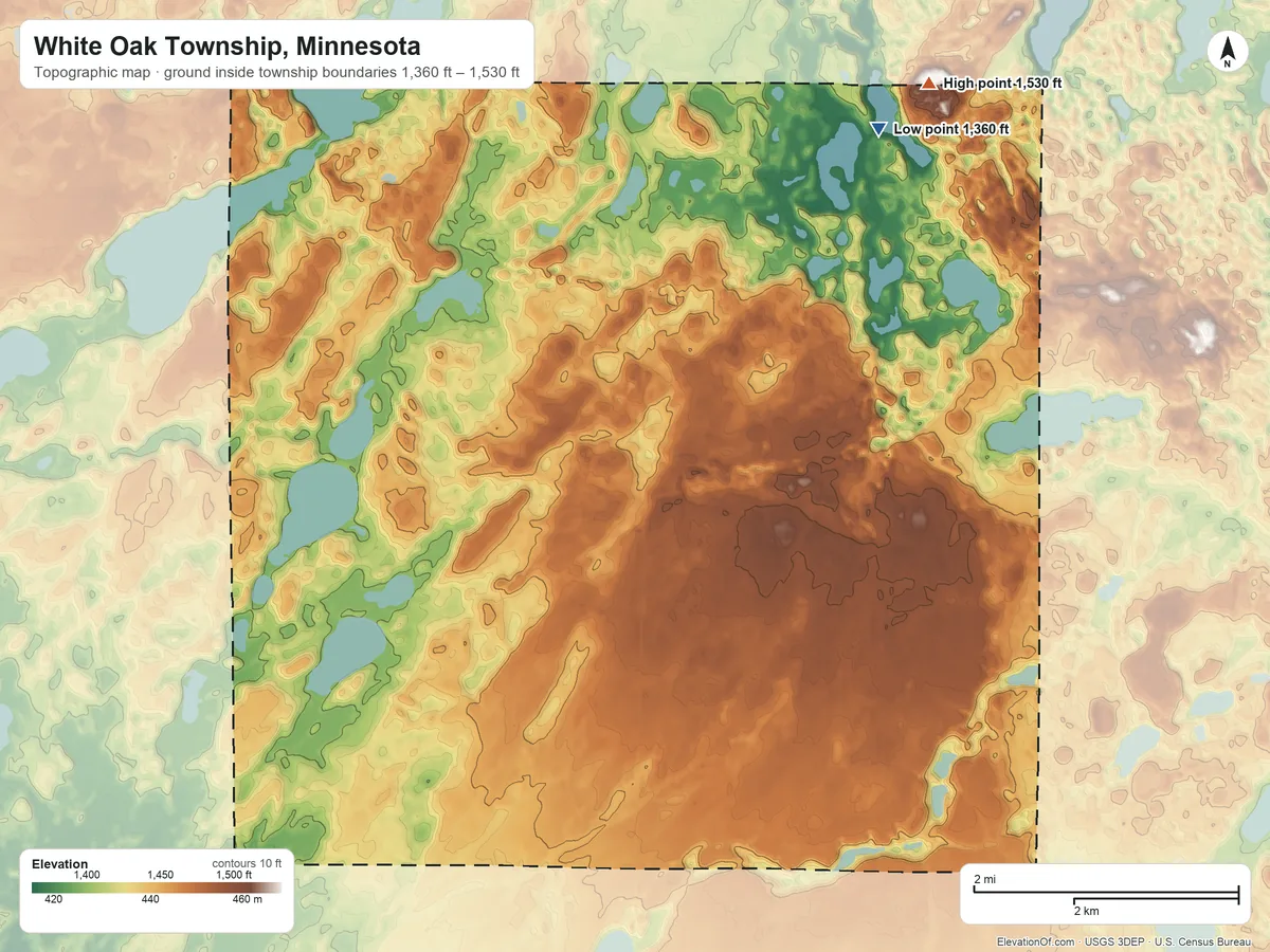 Topographic elevation map of White Oak Township, Minnesota, shaded from 1,360 ft on the northeast side to 1,530 ft on the northeast side