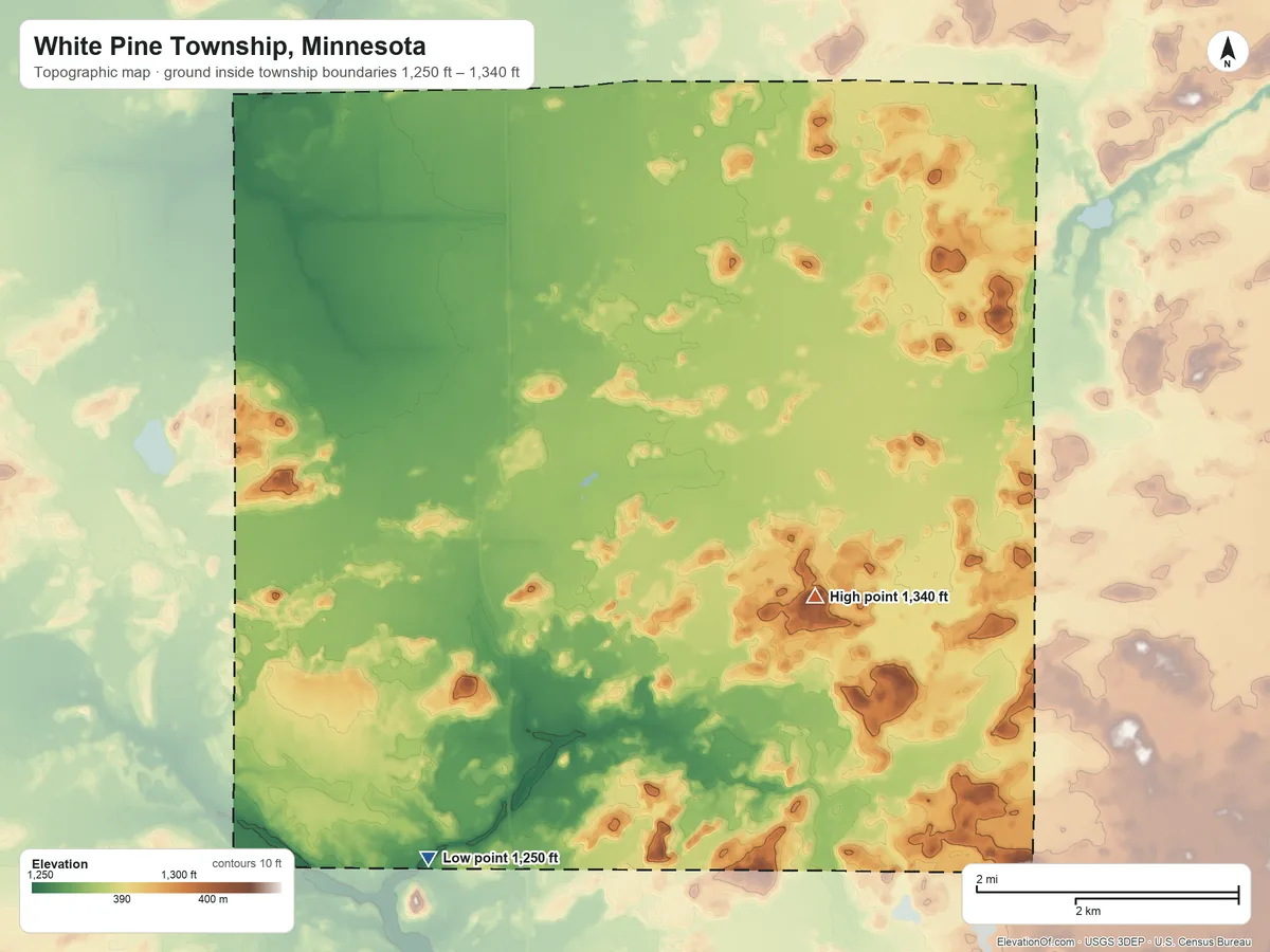 Topographic elevation map of White Pine Township, Minnesota, shaded from 1,250 ft near the middle to 1,340 ft on the northeast side
