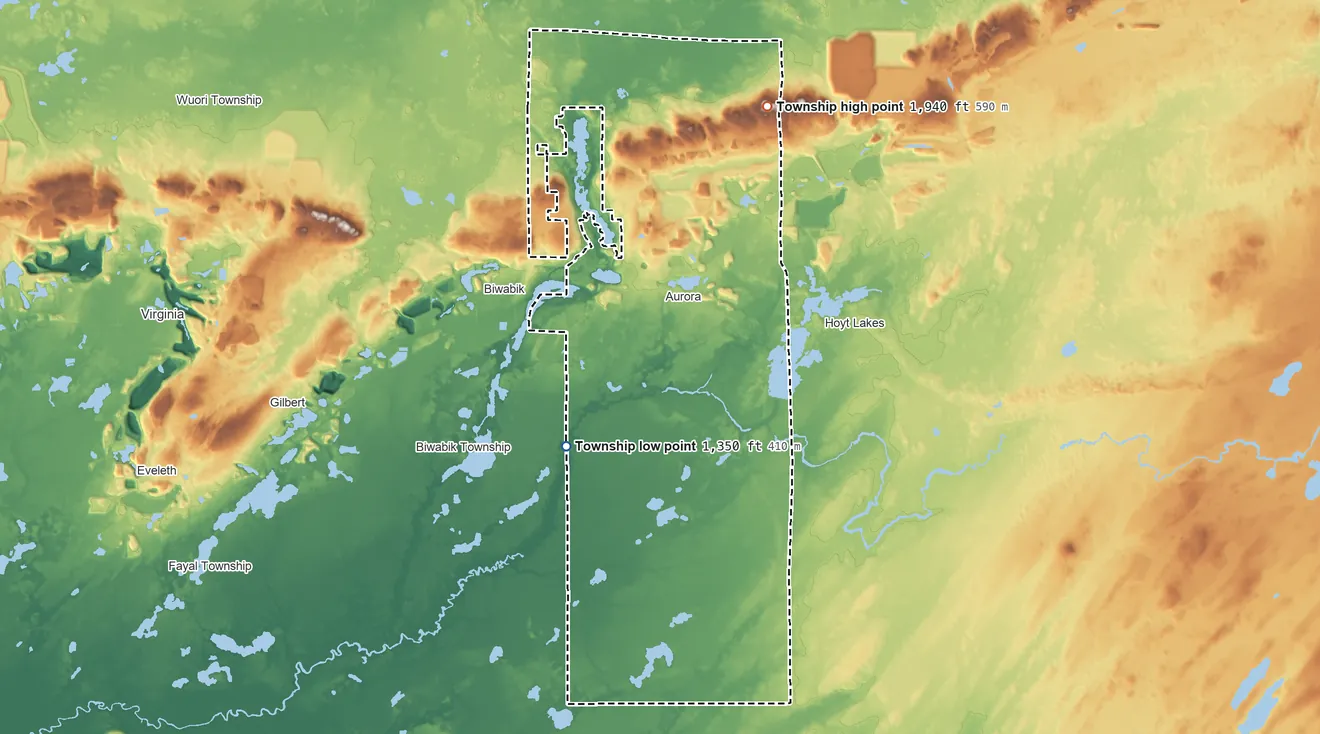 Topographic elevation map of White Township, Minnesota, shaded from 1,350 ft on the southwest side to 1,940 ft on the north side